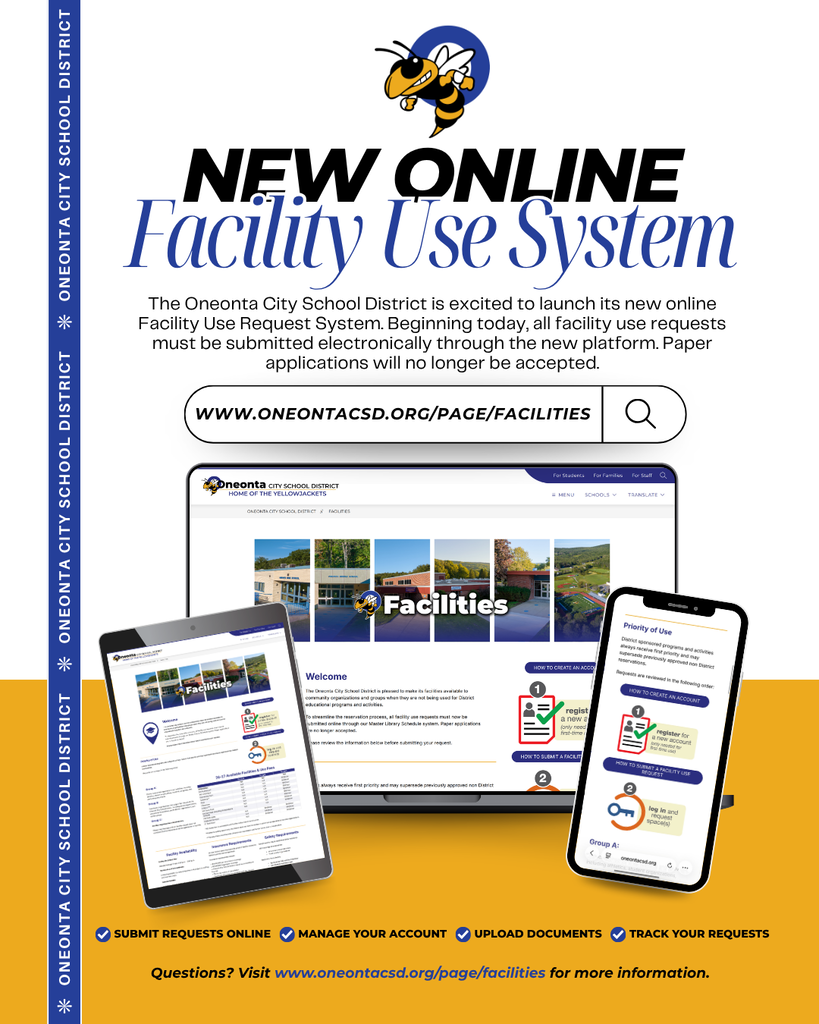 📢 OCSD Facility Use Requests Are Now Online! The Oneonta City School District is excited to launch a new digital Facility Use Request system. Beginning today, all facility use requests must be submitted through our online platform. Paper requests will no longer be accepted. Community organizations and groups can now: ✅ Submit facility use requests online ✅ Create and manage accounts ✅ Upload required documents electronically ✅ Access facility information and requirements in one convenient location Whether you're looking to reserve a gymnasium, athletic field, auditorium, cafeteria, pool, or other District facility, the new system makes the process easier than ever. Get started today: 🔗 www.oneontacsd.org/page/facilities