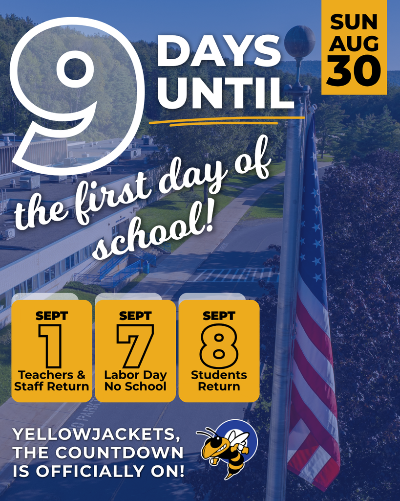Countdown to first day of school: 9 days left. Dates listed: Sept 1 - Teachers & Staff Return, Sept 7 - Labor Day, Sept 8 - Students Return.