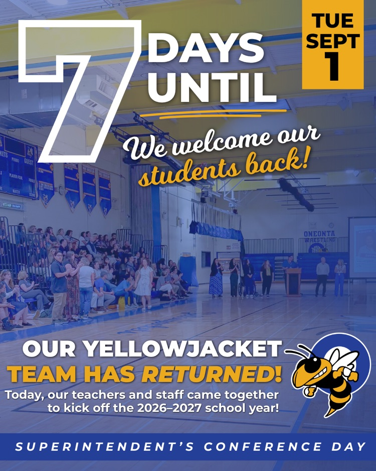 Blue and yellow Oneonta City School District back to school countdown graphic featuring a photo of OCSD teachers and staff gathered in the high school gym for Superintendent’s Conference Day