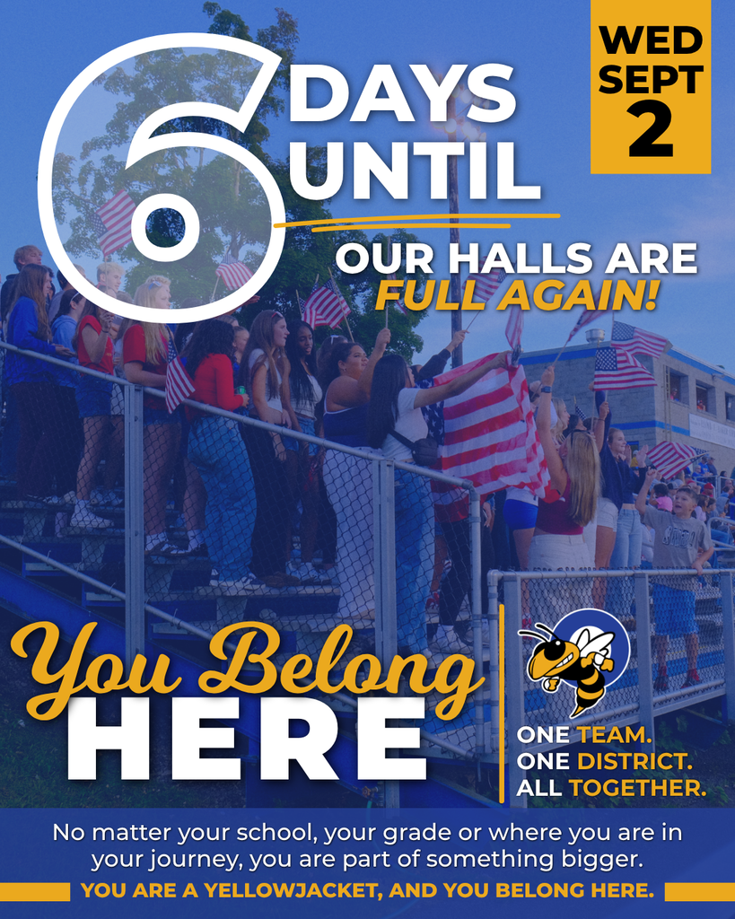 Blue and yellow Oneonta City School District back to school countdown graphic featuring students gathered in stadium bleachers and waving American flags. Text reads, “6 days until our halls are full again!” and “You Belong Here.” The graphic includes the OCSD Yellowjacket mascot and the message, “One team. One district. All together.” Additional text reads, “No matter your school, your grade or where you are in your journey, you are part of something bigger. You are a Yellowjacket, and you belong here.” The graphic is dated Wednesday, September 2.