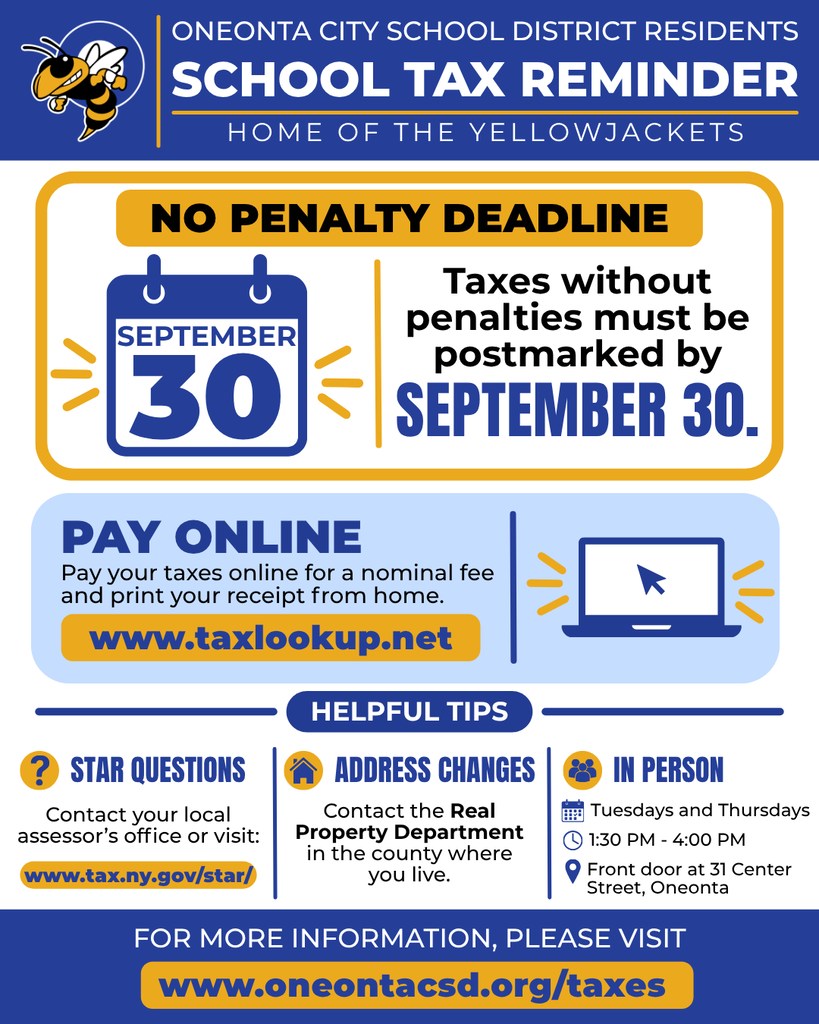 An advertisement about the Oneonta City School District. It features a deadline of September 30, with no penalties if paid on time.