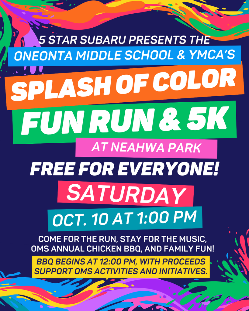 A colorful poster for a community event titled "Splash of Color Fun Run & 5K" at Neahwa Park.