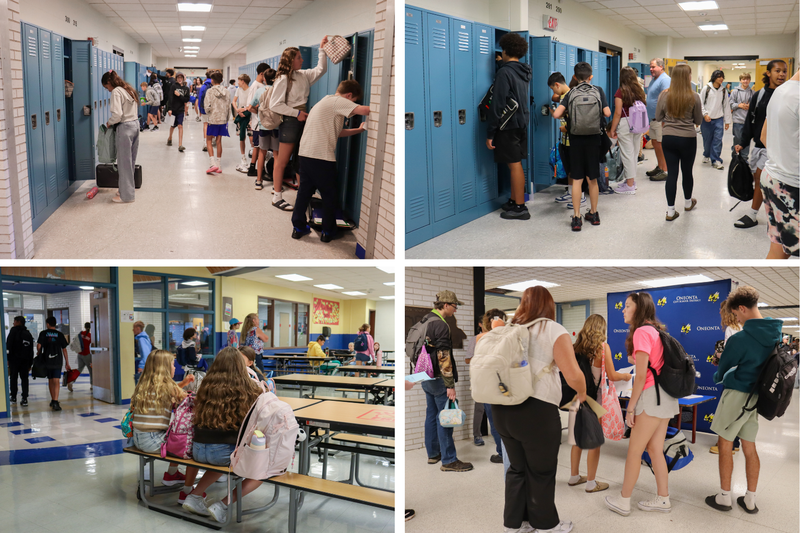 Four photo collage of students returning for the first day of school, gathering in busy hallways, opening lockers, visiting the cafeteria, and reconnecting with friends.