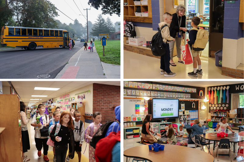 Four photo collage showing a school bus arriving in the morning mist, students entering the building, staff welcoming students in a hallway, and children beginning their first day in the classroom.
