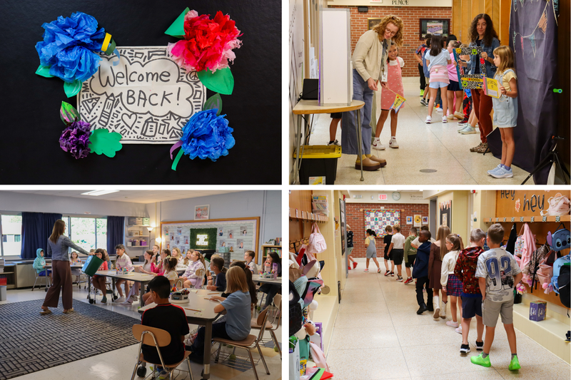 Four photo collage featuring a colorful “Welcome Back” display, staff greeting students as they arrive, students participating in a classroom activity, and children walking through a decorated school hallway.