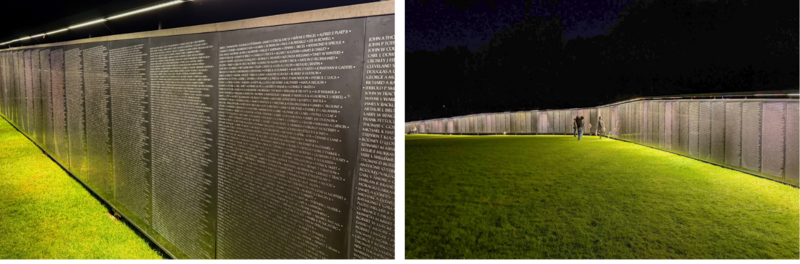 Two nighttime photos show the illuminated Wall That Heals: a close view of its panels filled with names and a wider view of visitors beside the Wall.