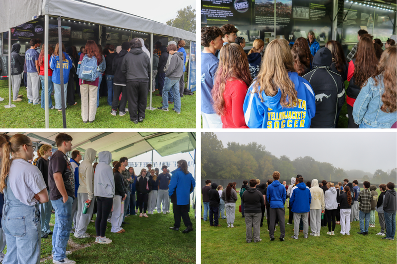Four photos show Oneonta students gathered at The Wall That Heals in Neahwa Park. They study exhibits in the mobile Education Center, listen to a speaker beneath a tent and gather near the Wall on a misty morning.