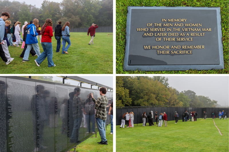 Four photos show students walking toward The Wall That Heals, a memorial plaque honoring Vietnam veterans who later died as a result of their service, a student examining names on the Wall and visitors standing along its panels.