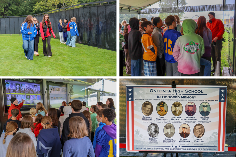 Four photos show students walking beside the Wall, listening to a guide at the Education Center, viewing a Hometown Heroes display and a poster honoring nine Oneonta High School alumni who died during the Vietnam War.