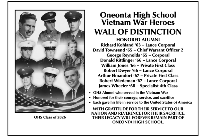 Wall of Distinction graphic honoring nine Oneonta High School alumni who died during the Vietnam War. Their portraits appear beside their names, class years and military ranks.