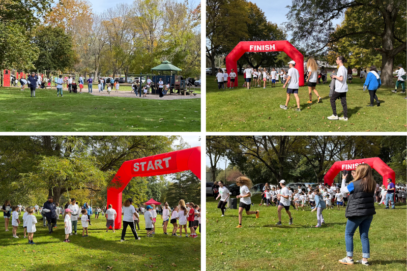 Four photos show participants gathering near the playground and red start and finish arch, then running across the grass as a spectator takes photos.
