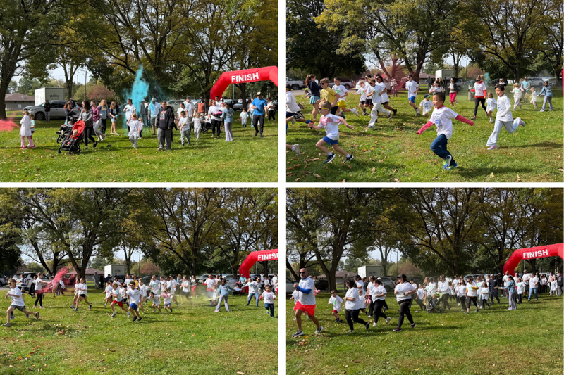 Four photos show children and adults running and walking through clouds of blue, pink, and yellow powder near the red finish arch during the OMS Splash of Color Run.