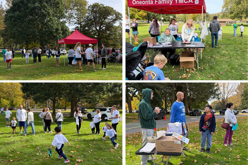 Four photos show families gathering at Neahwa Park, volunteers assisting participants beneath the Oneonta Family YMCA tent, children playing on the grass, and people beside a supply table.