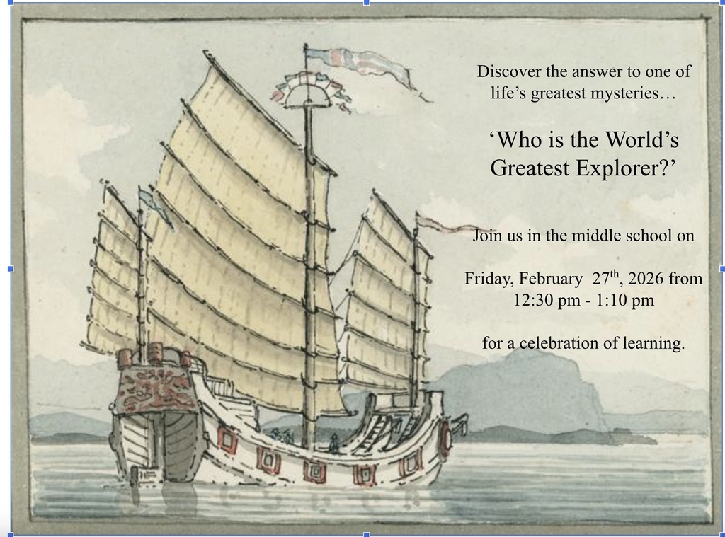 Middle School Museum Flyer includes a picture of a sailing ship on the ocean with the shoreline in the background.