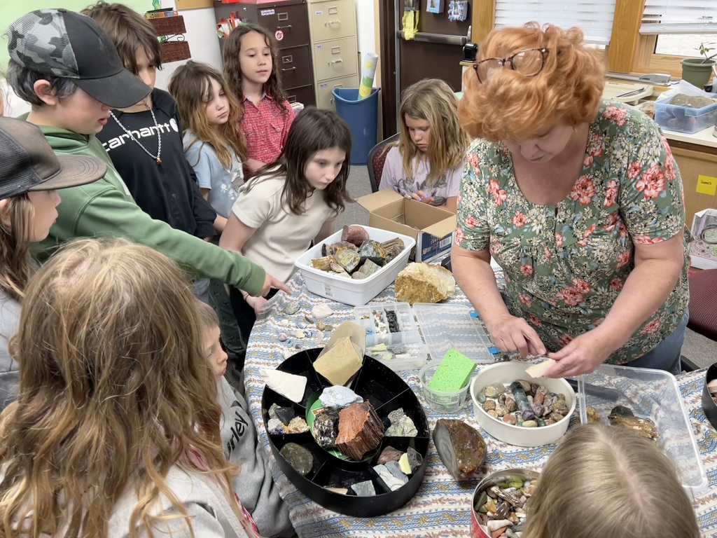 Intermediate students exploring Vivian's rock collection