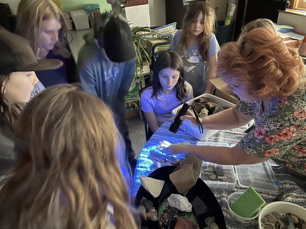 Intermediate students exploring Vivian's rock collection