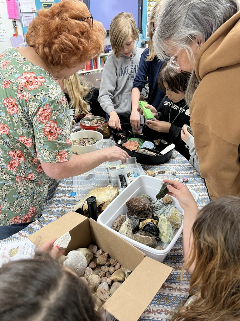 Intermediate students exploring Vivian's rock collection