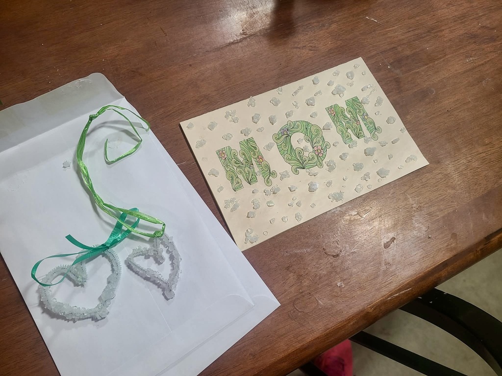 The Borax solution was so saturated that our jars had extra crystals form on the bottoms. Many students decided to add extra bling to their cards.