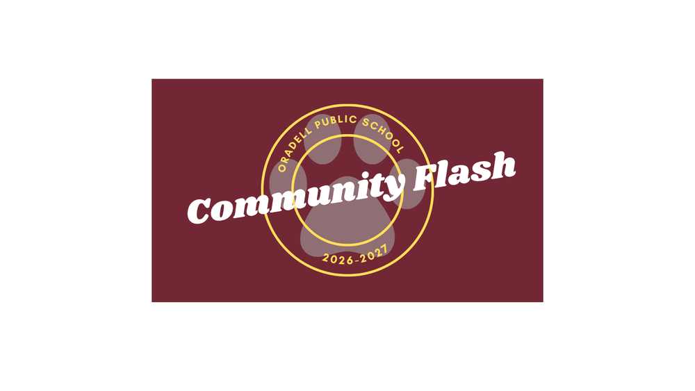Oradell Public School Community Flash 2026–2027 logo featuring the OPS paw print in maroon and gold.