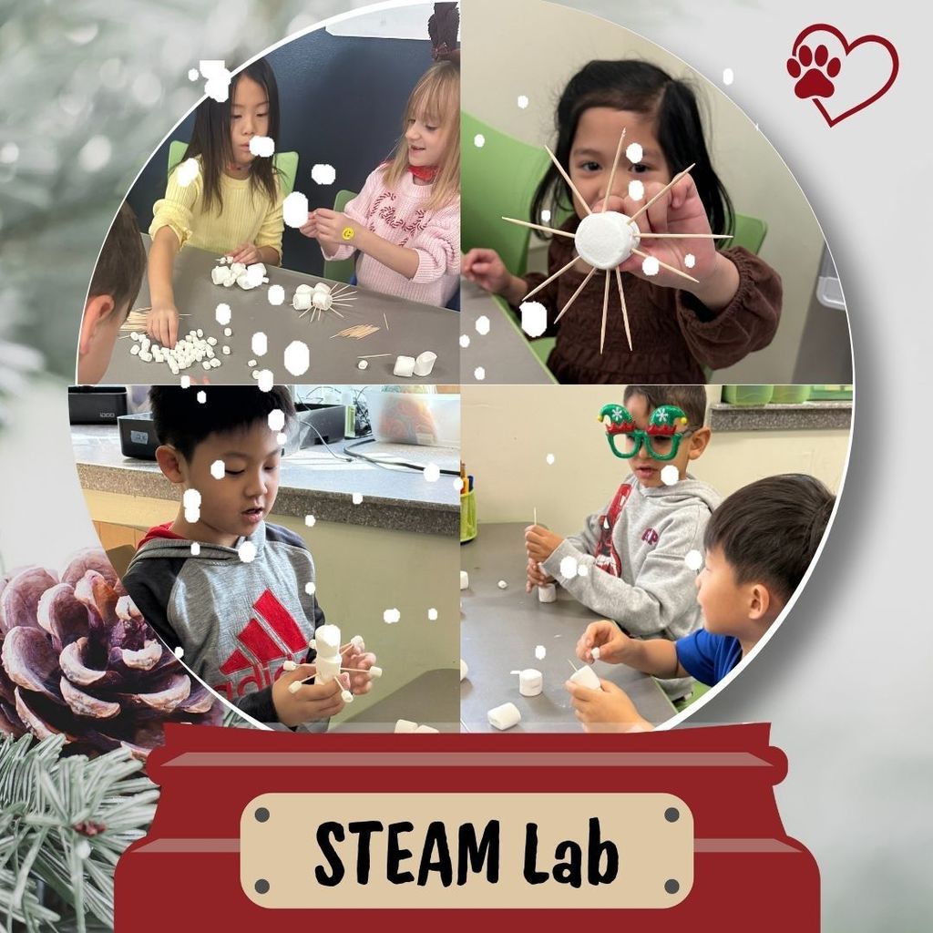 Photos from first graders making snowflakes in STEAM Lab. 