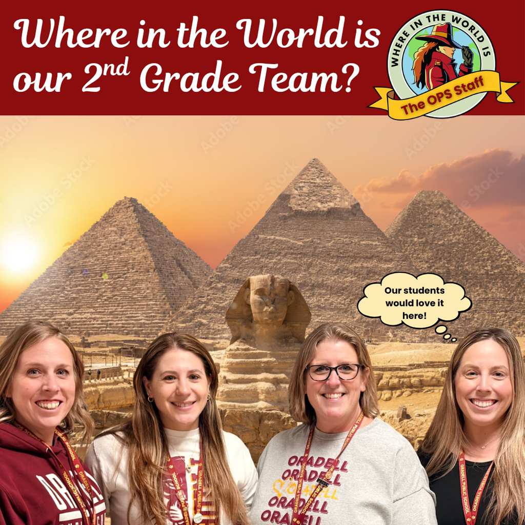 Photos of second grade teachers for the where in the world staff challenge.
