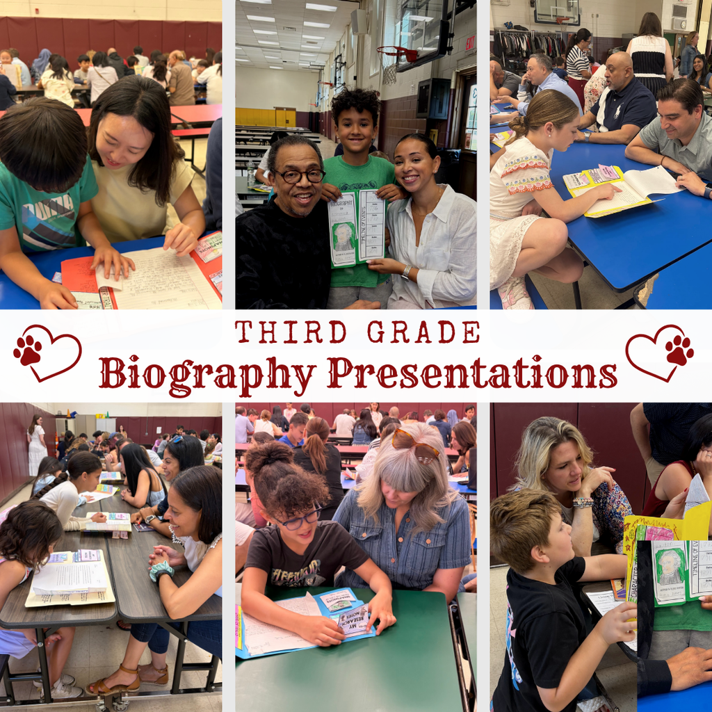 Photos from students haring their biography presentations with parents