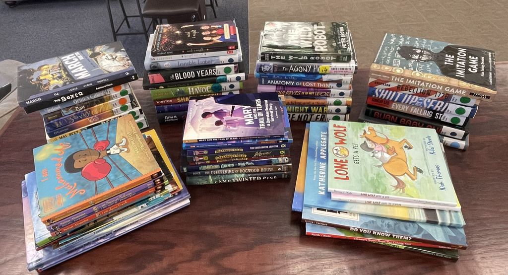 stack of books donated by the AT&T Pioneer Sho-Me Chapter