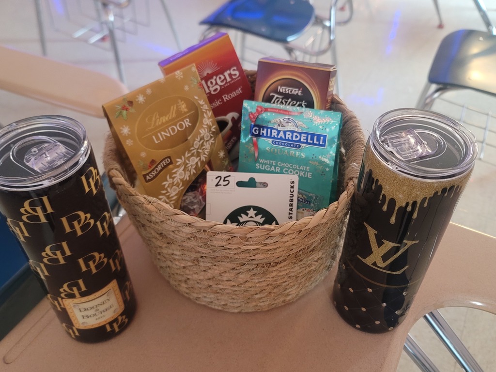 Coffee basket: 2 homemade tumblers, coffee, snacks, and Starbucks gift card