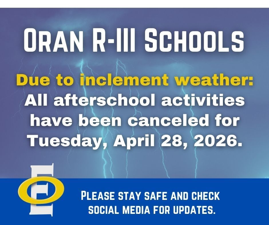 Due to inclement weather: All afterschool activities have been canceled for Tuesday, April 28, 2026.