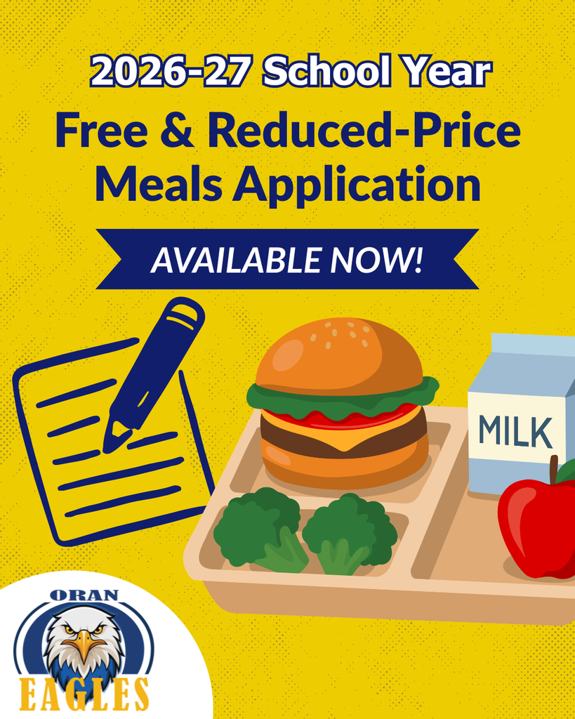 Free & Reduced-Price Meal Application Available Now with an image of a lunch plate and a form with the Oran Eagles logo