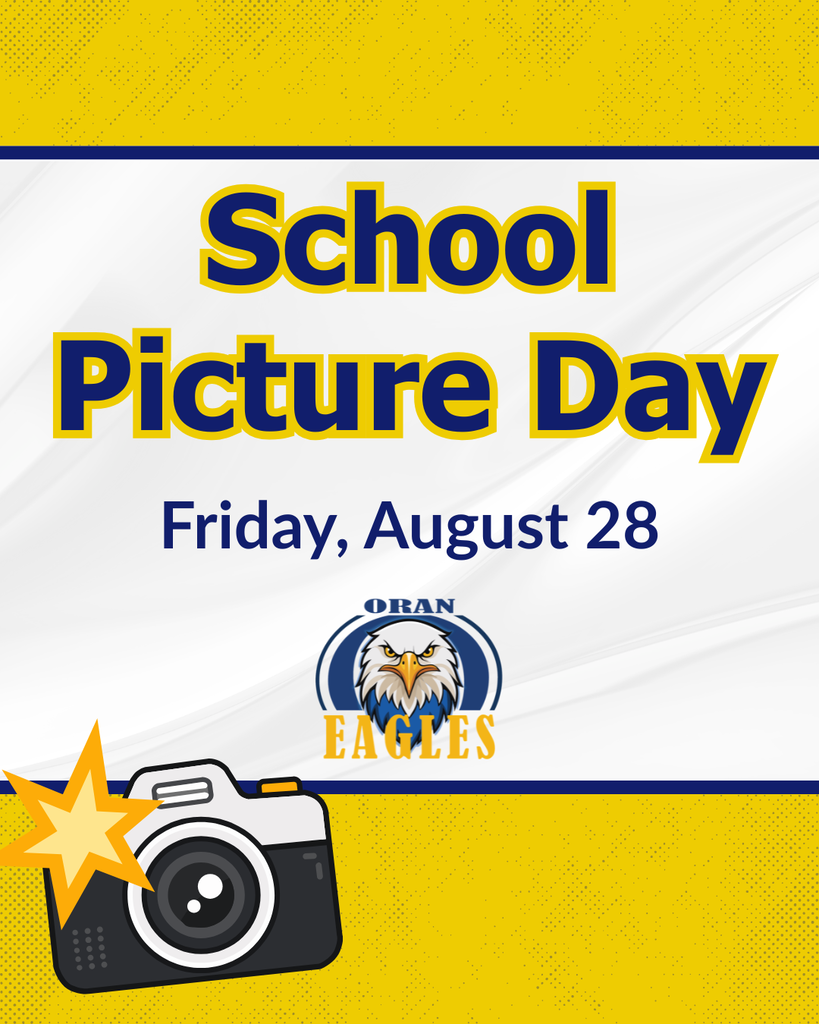School picture day announcement with Oran Eagles logo and a image of a camera