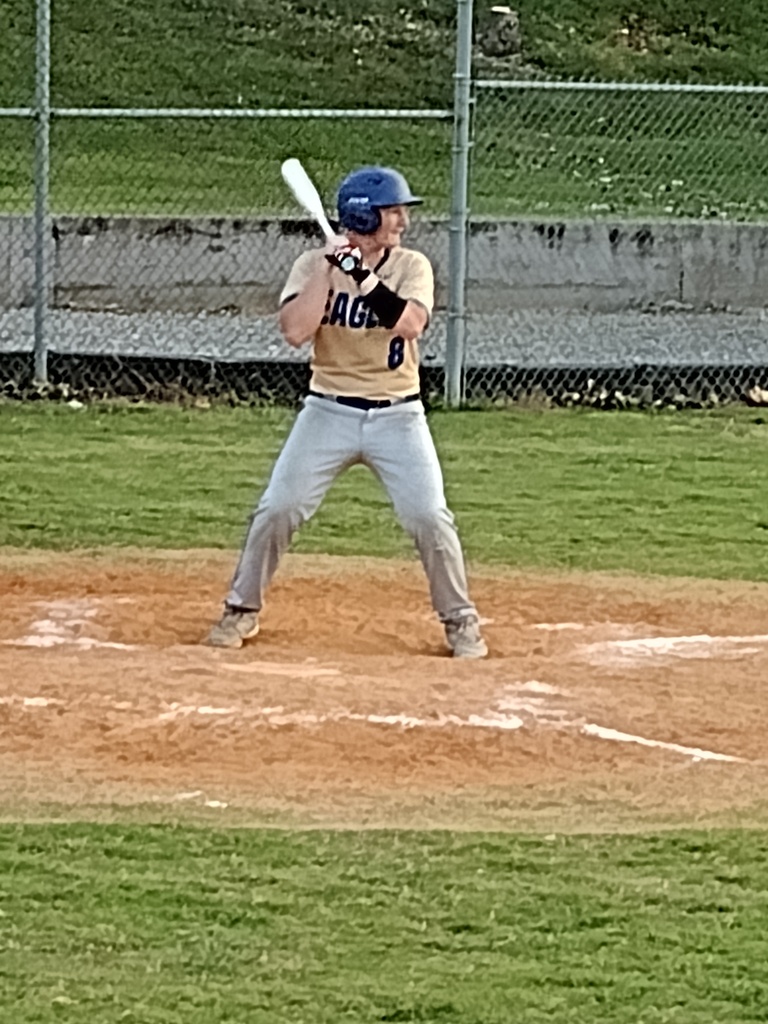 Image 2: Eagles baseball player in a blue helmet stands at home plate with a white bat raised, ready for the pitch.