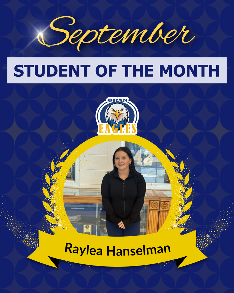 September student of the month graphic with photo of a young girl and the Oran Eagles logo.