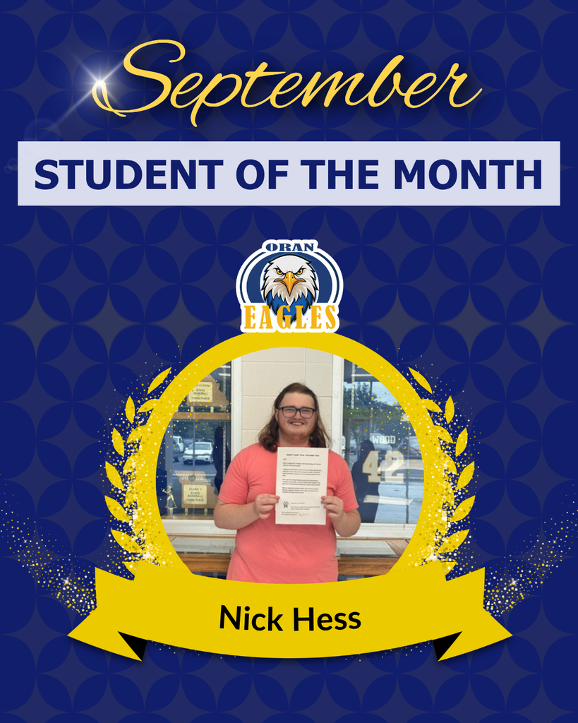 September student of the month graphic with photo of a high school boy and the Oran Eagles logo.
