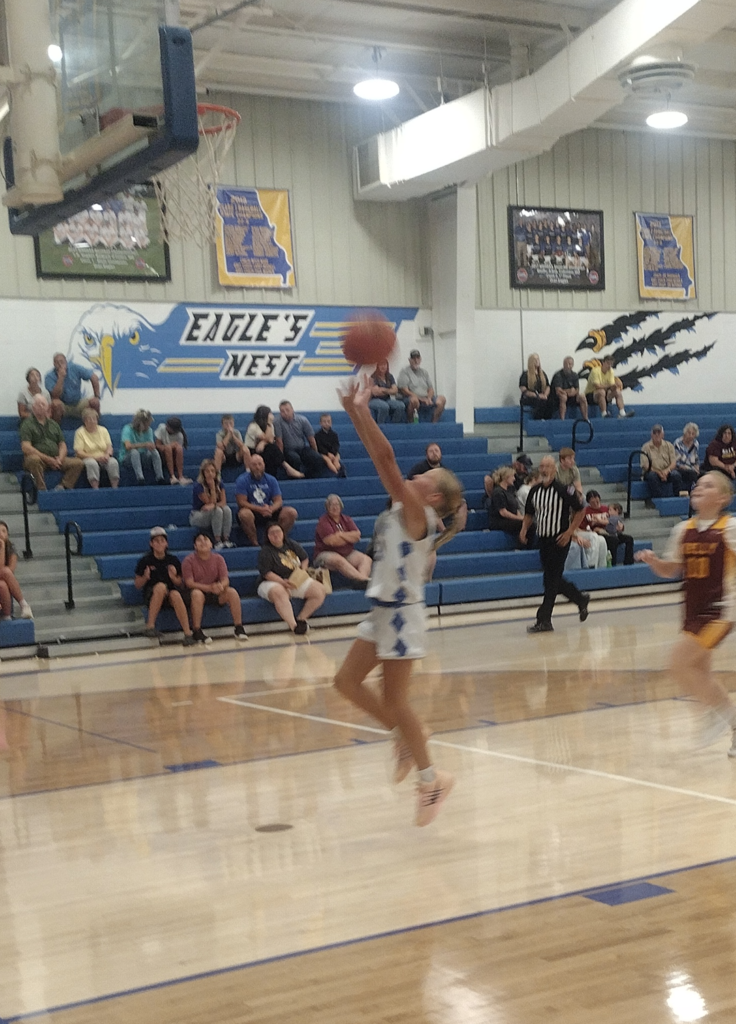 Image 4: A player in a white uniform leaps for a layup during a basketball game as spectators watch from the bleachers.