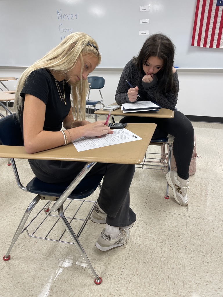 Two students work on math assignments at their desks, using worksheets and calculators. A whiteboard and American flag are visible in the background.