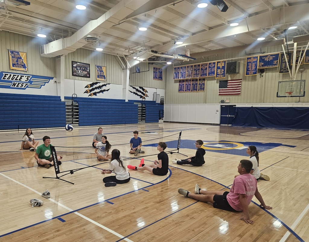 Students sit on both sides of a low net during a seated volleyball game, with one player preparing to hit the ball.