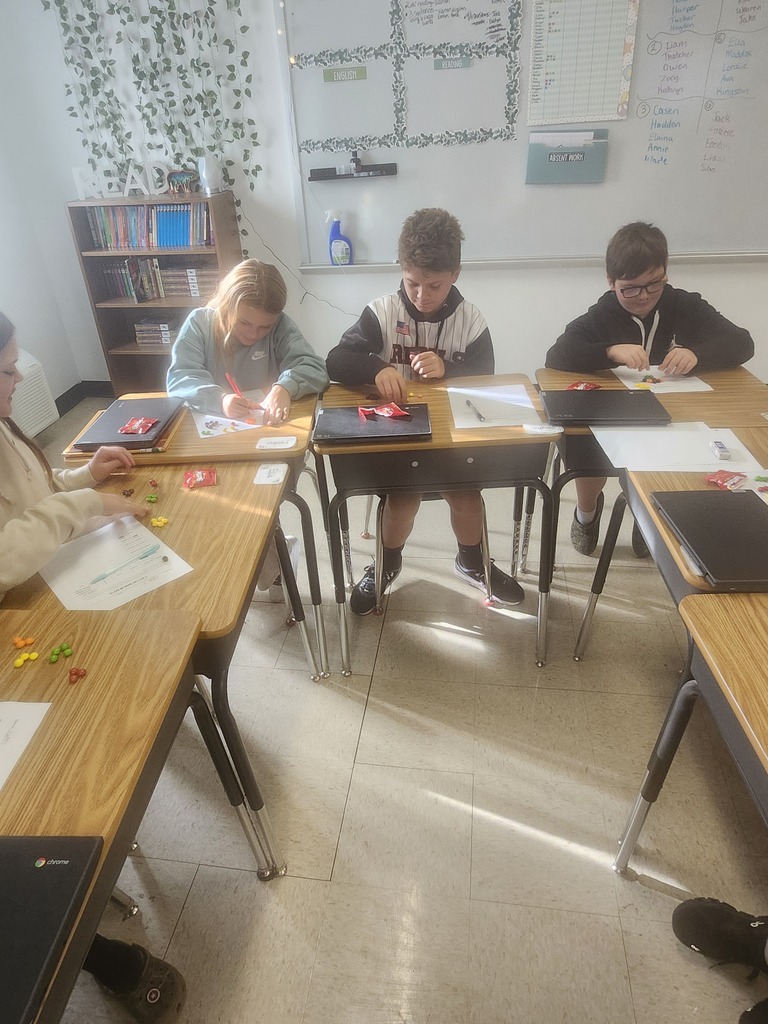 Students work independently at classroom desks, using colorful candies and worksheets for a hands-on learning activity.