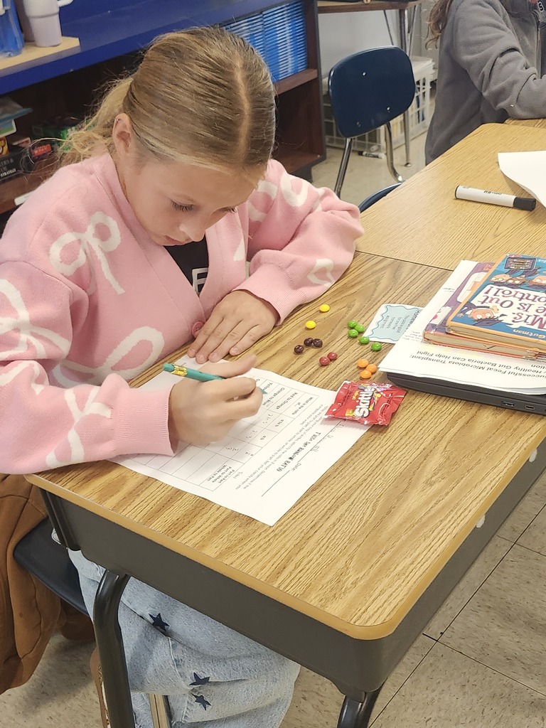A student in a pink sweater completes a classroom worksheet using colorful candies arranged on her desk.