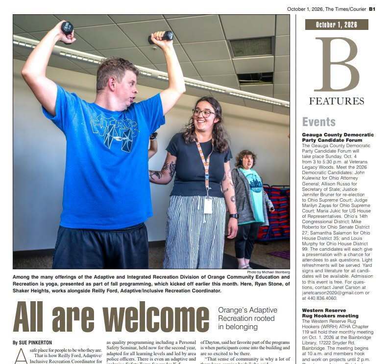 Clipping of a newspaper article with a picture of our Adaptive program and the headline "All are welcome"