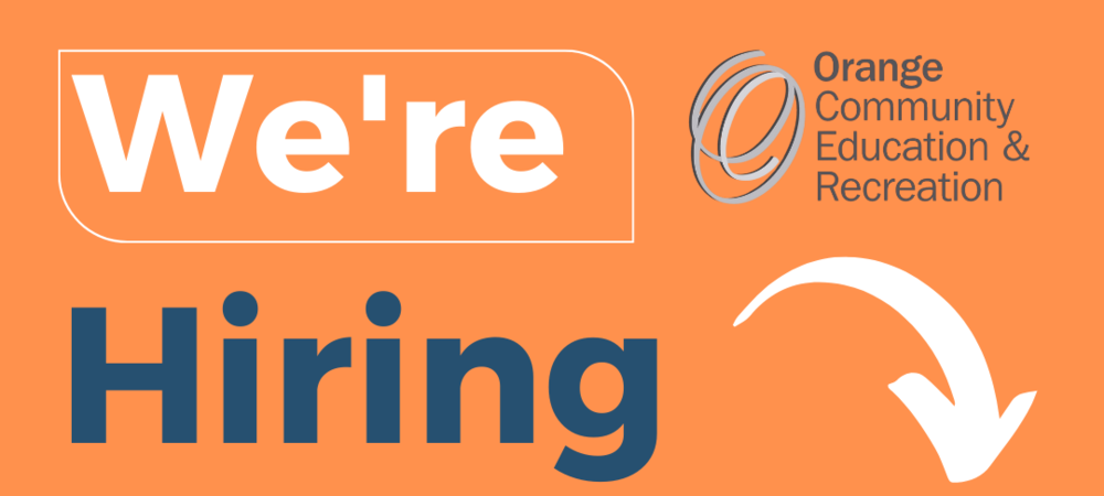 An orange background with the words "We're Hiring" in white and navy blue and the OCER logo in the upper right hand corner and an white arrow pointing down
