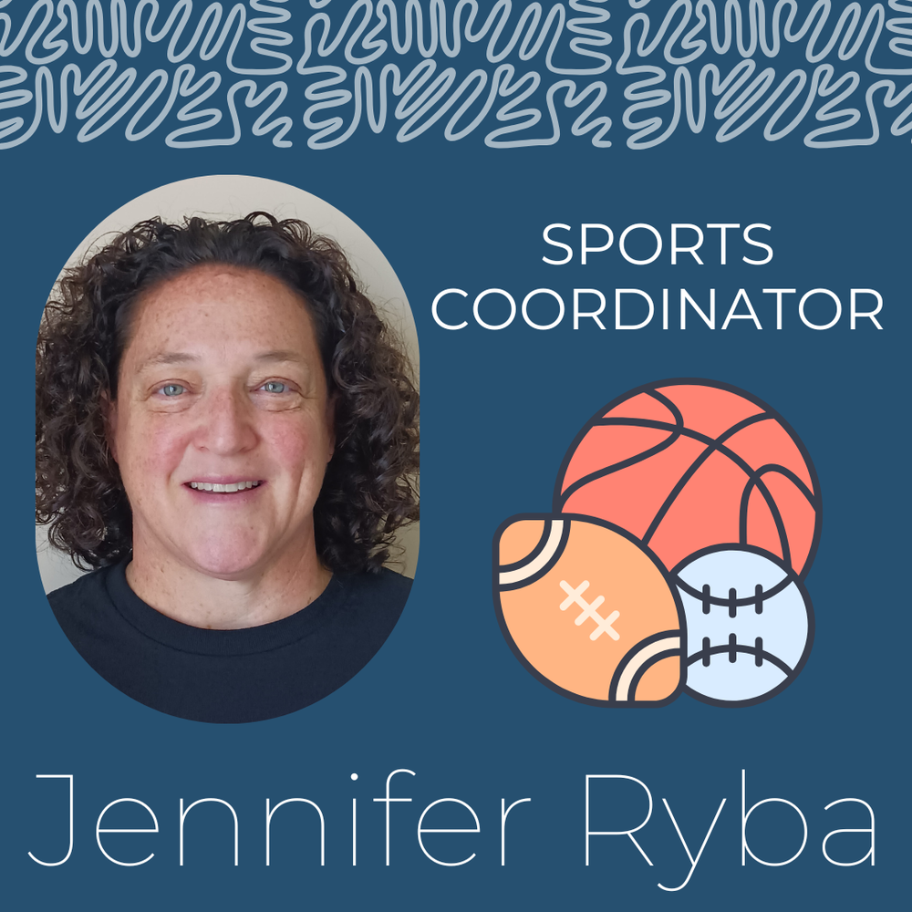 Picture of Jen Ryba in a graphic with the words "Sports Coordinator" and an image of a basketball, football, and baseball