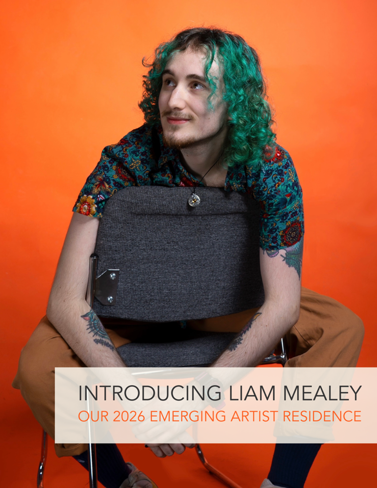 An artist sitting in a chair looking away from the camera with the text "Introducing Liam Mealey Our 2026 Emerging Artist Residence