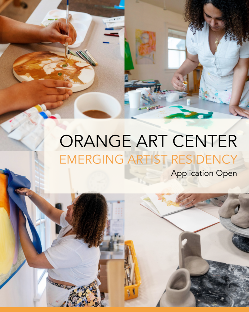 Four pictures in a collage of artists painting with the text "Orange Art Center Emerging Artist Residency Application Open"