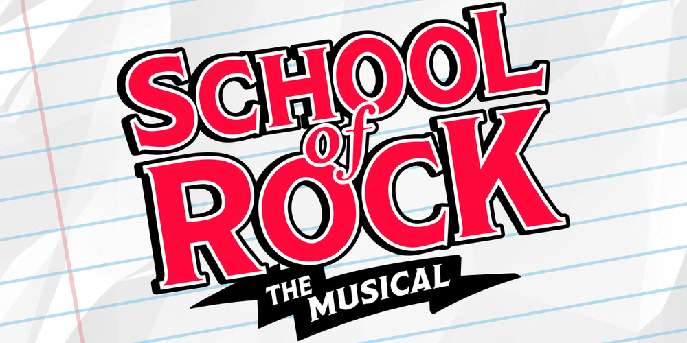 Background is a piece of notebook paper with red words "School of Rock" and underneath that "the musical" on a black banner