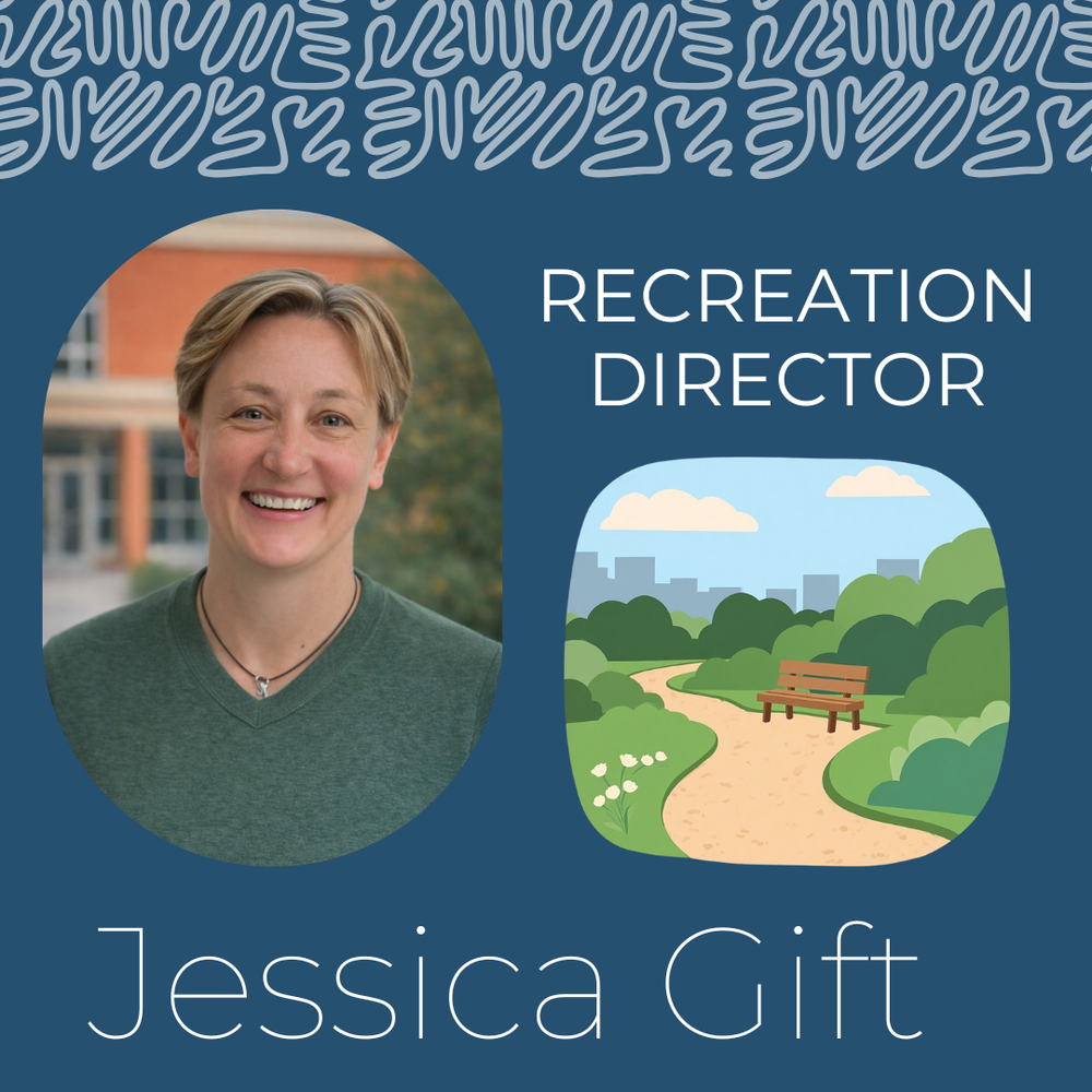 Headshot picture of Jessica Gift, OCER Director, with a cartoon image of a park