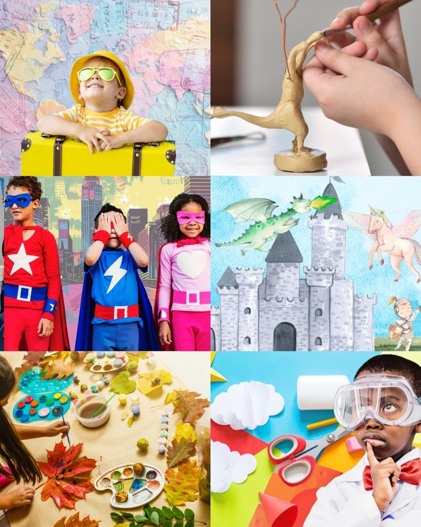 A collage of artwork, featuring young artist students