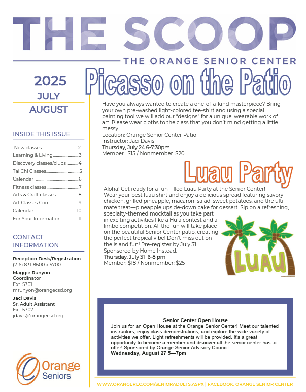 Cover of the Senior Center THE SCOOP newsletter for July-August