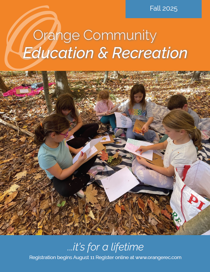 The cover of the Fall 2025 Recreation Guide with a picture of a group of kids sitting in the woods drawing the leaves around them on pieces of paper