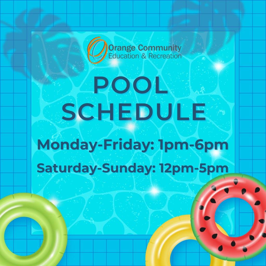 A blue pool image with some round pool floaties and "Pool Schedule Monday-Friday 1-6pm Saturday-Sunday 12-5pm" in blue letters